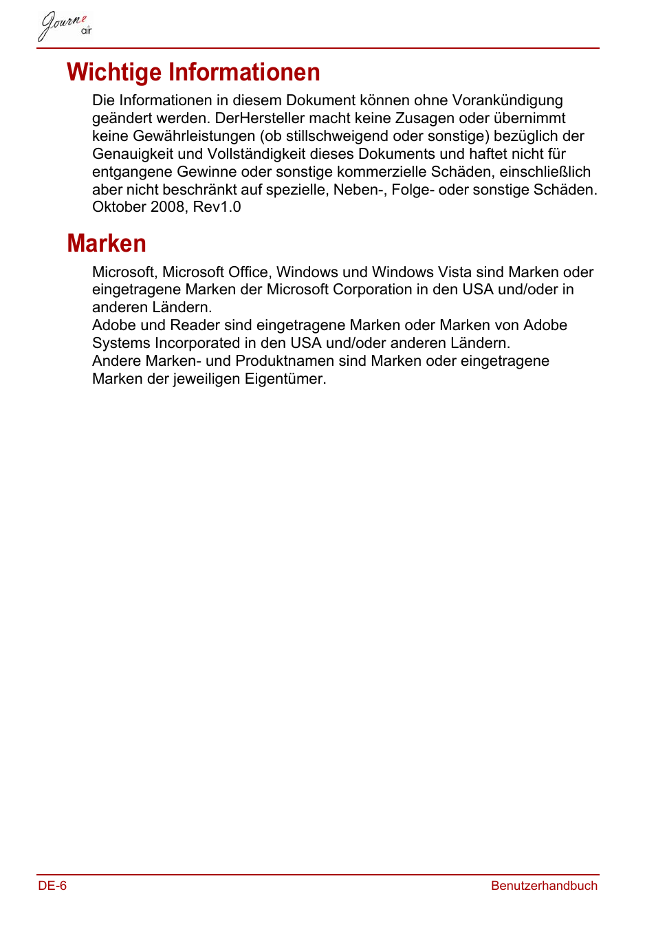 Wichtige informationen, Marken, Wichtige informationen marken | Toshiba JournE Air800-801 User Manual | Page 68 / 706