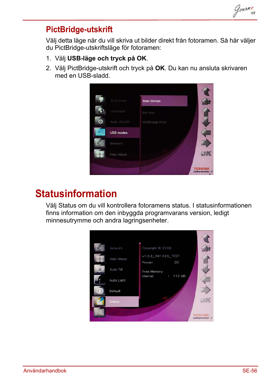 Pictbridge-utskrift, Statusinformation | Toshiba JournE Air800-801 User Manual | Page 699 / 706