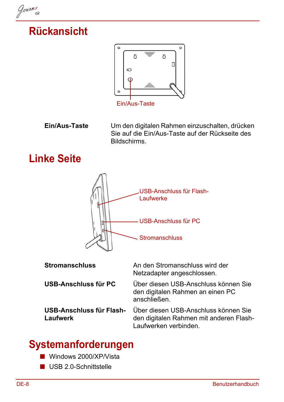 Rückansicht, Linke seite, Systemanforderungen | Rückansicht linke seite systemanforderungen | Toshiba JournE Air800-801 User Manual | Page 70 / 706