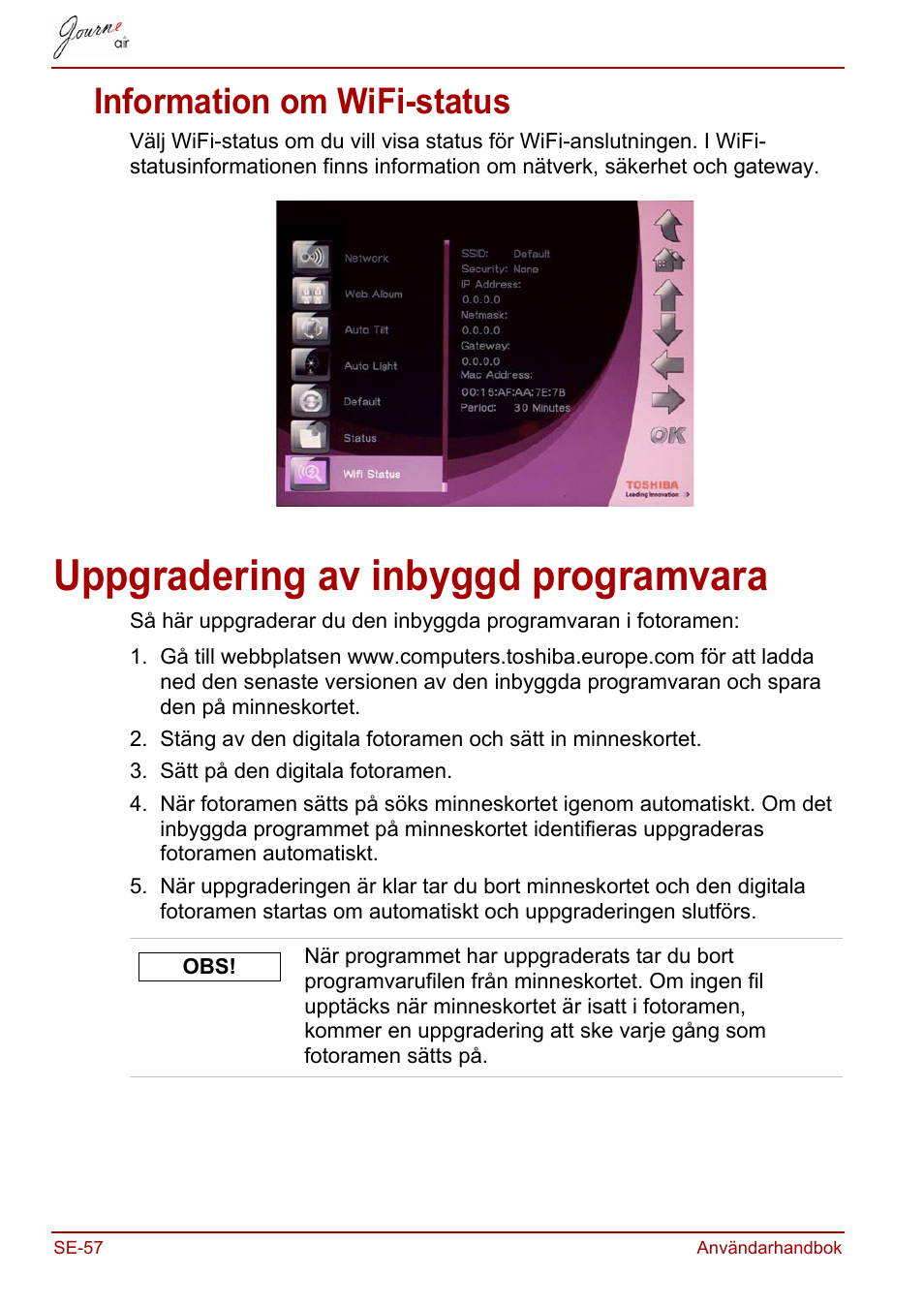 Information om wifi-status, Uppgradering av inbyggd programvara | Toshiba JournE Air800-801 User Manual | Page 700 / 706