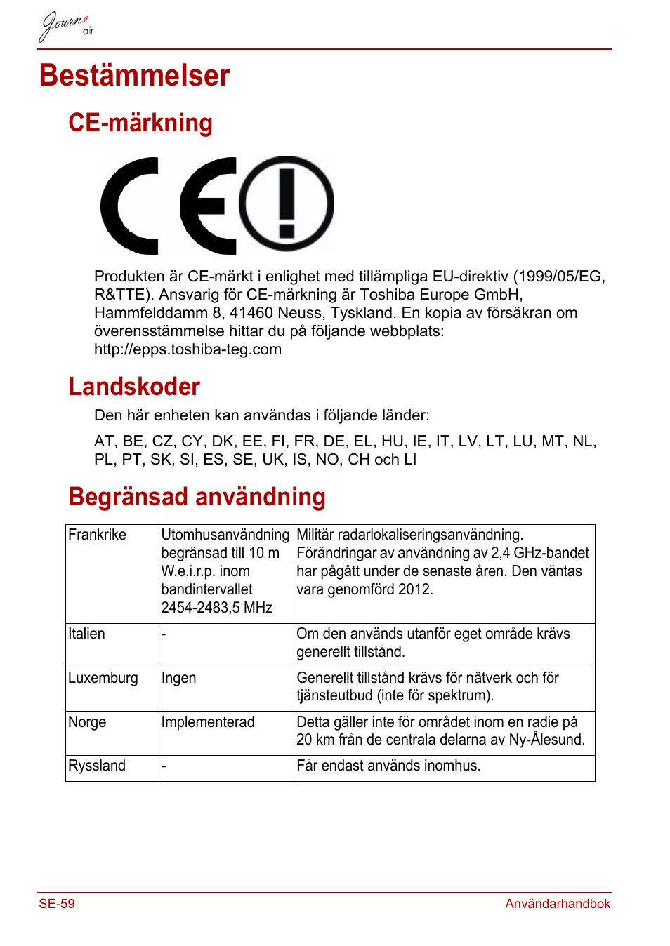 Bestämmelser, Ce-märkning, Landskoder | Begränsad användning, Ce-märkning landskoder begränsad användning | Toshiba JournE Air800-801 User Manual | Page 702 / 706