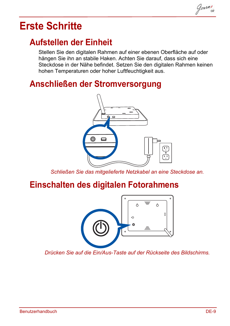 Erste schritte, Aufstellen der einheit, Anschließen der stromversorgung | Einschalten des digitalen fotorahmens | Toshiba JournE Air800-801 User Manual | Page 71 / 706