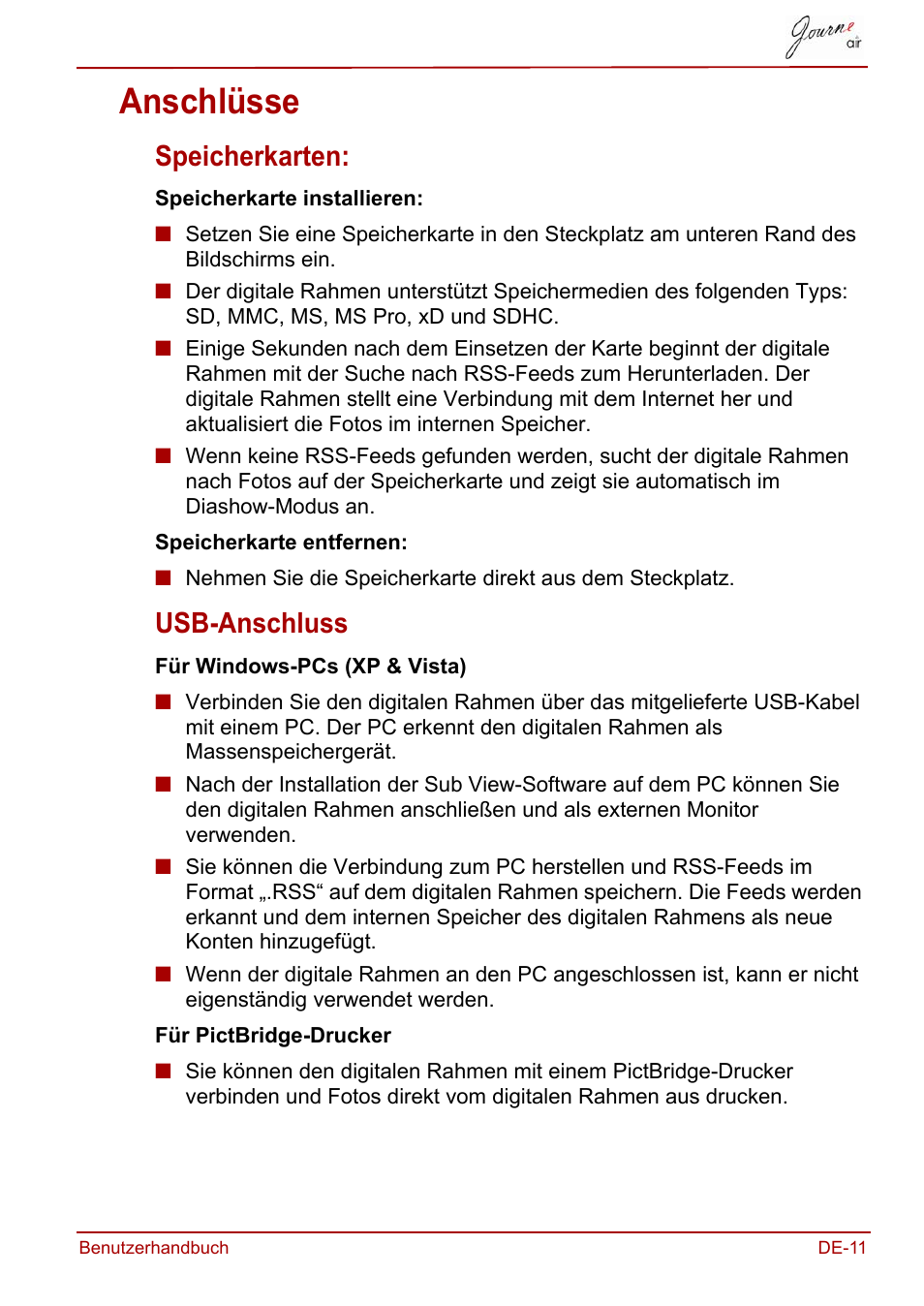 Anschlüsse, Speicherkarten, Usb-anschluss | Speicherkarten: usb-anschluss | Toshiba JournE Air800-801 User Manual | Page 73 / 706