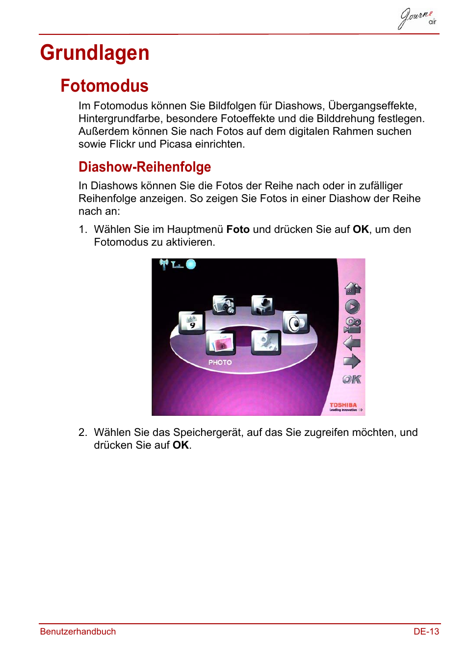 Grundlagen, Fotomodus, Diashow-reihenfolge | Toshiba JournE Air800-801 User Manual | Page 75 / 706