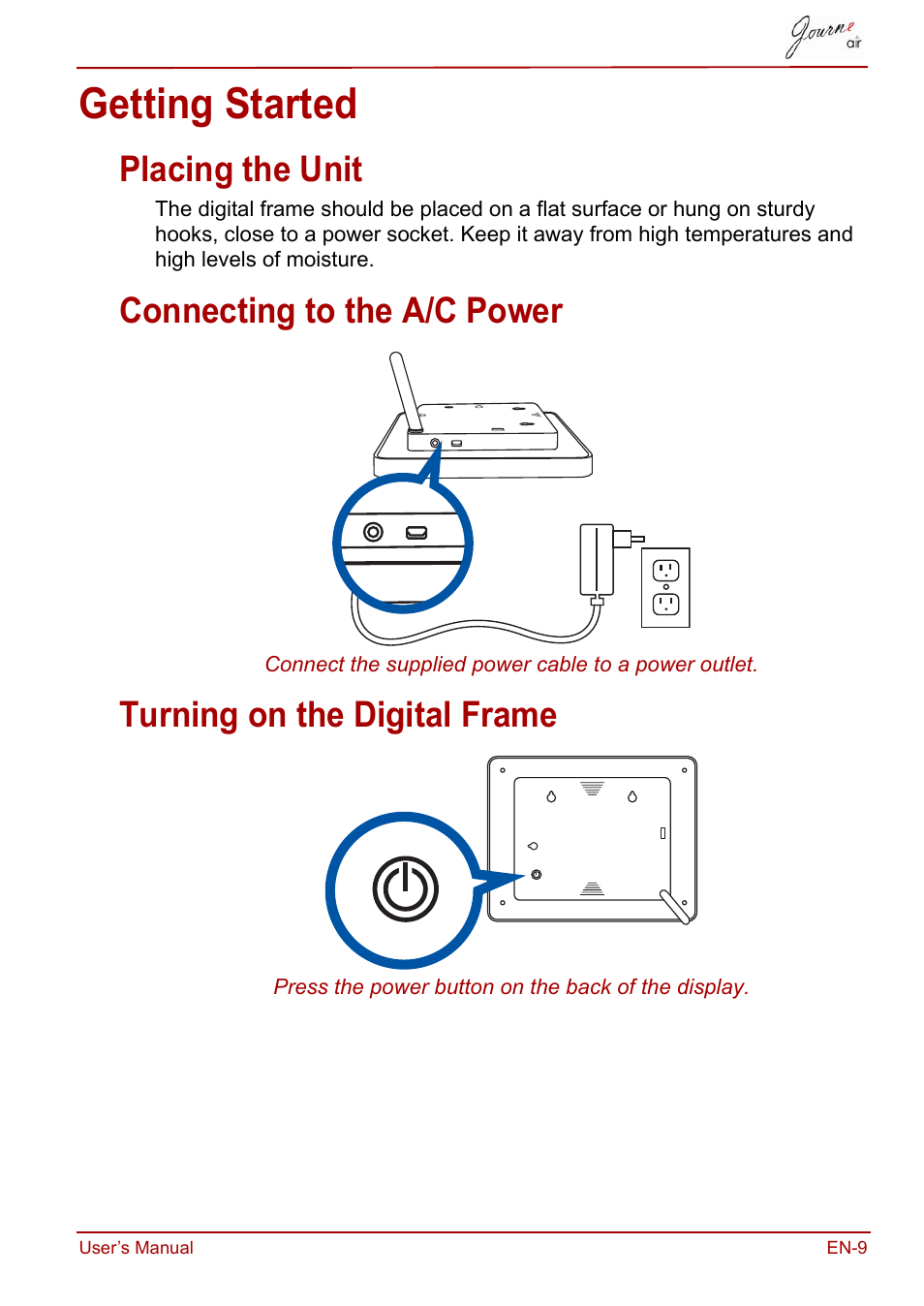 Getting started, Placing the unit, Connecting to the a/c power | Turning on the digital frame | Toshiba JournE Air800-801 User Manual | Page 9 / 706