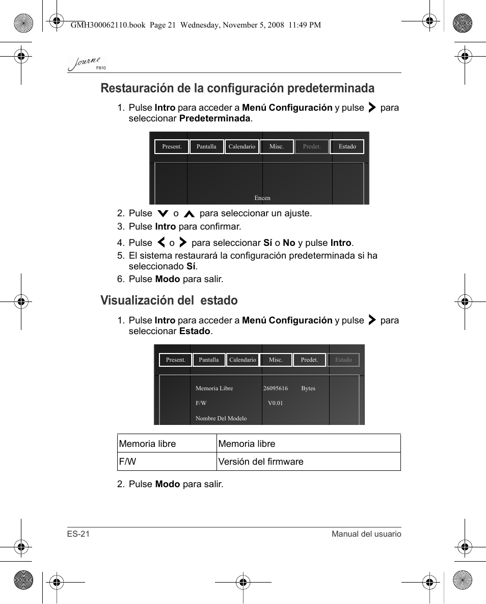 Restauración de la configuración predeterminada, Visualización del estado | Toshiba JournE F810 User Manual | Page 106 / 308