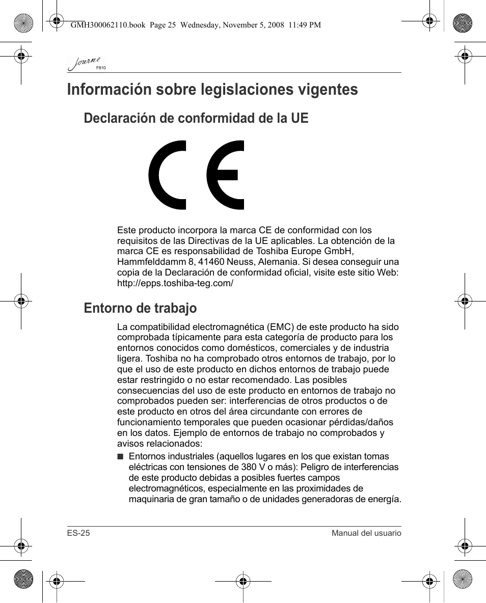 Información sobre legislaciones vigentes, Declaración de conformidad de la ue, Entorno de trabajo | Toshiba JournE F810 User Manual | Page 110 / 308