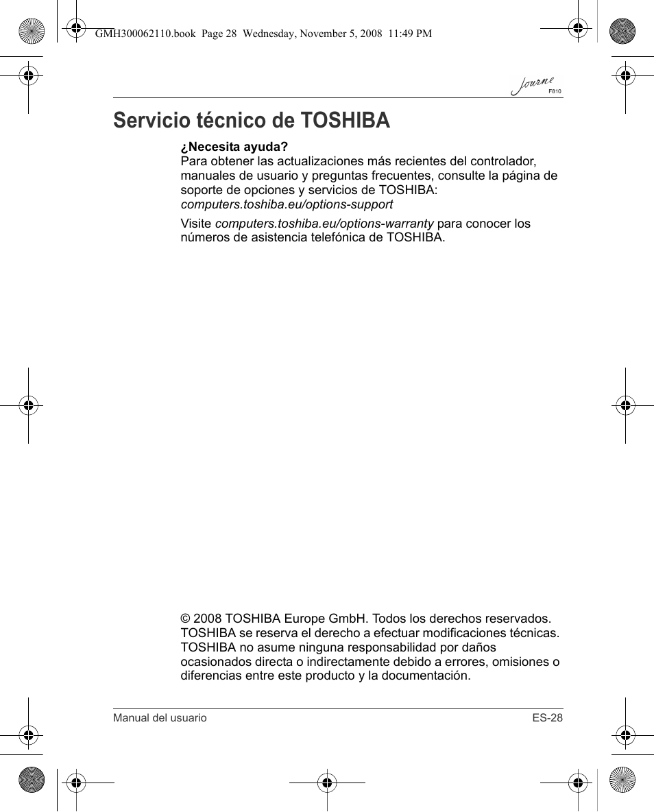 Servicio técnico de toshiba | Toshiba JournE F810 User Manual | Page 113 / 308