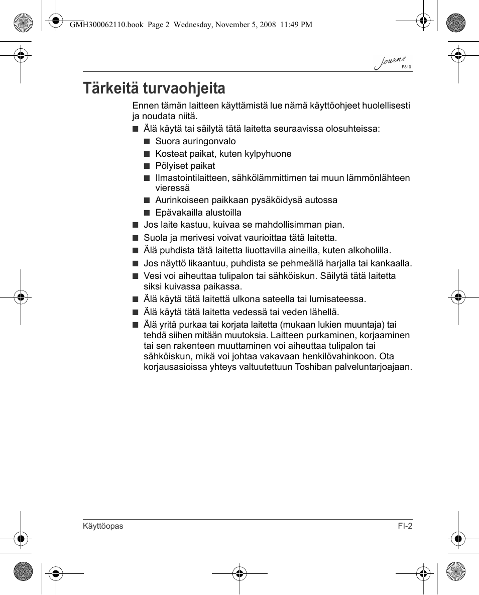 Tärkeitä turvaohjeita | Toshiba JournE F810 User Manual | Page 115 / 308