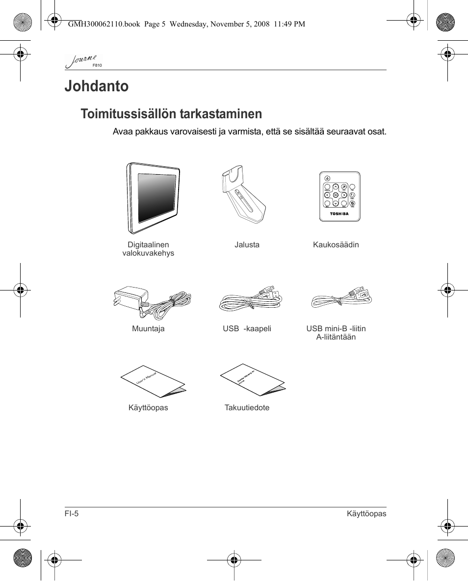 Johdanto, Toimitussisällön tarkastaminen | Toshiba JournE F810 User Manual | Page 118 / 308