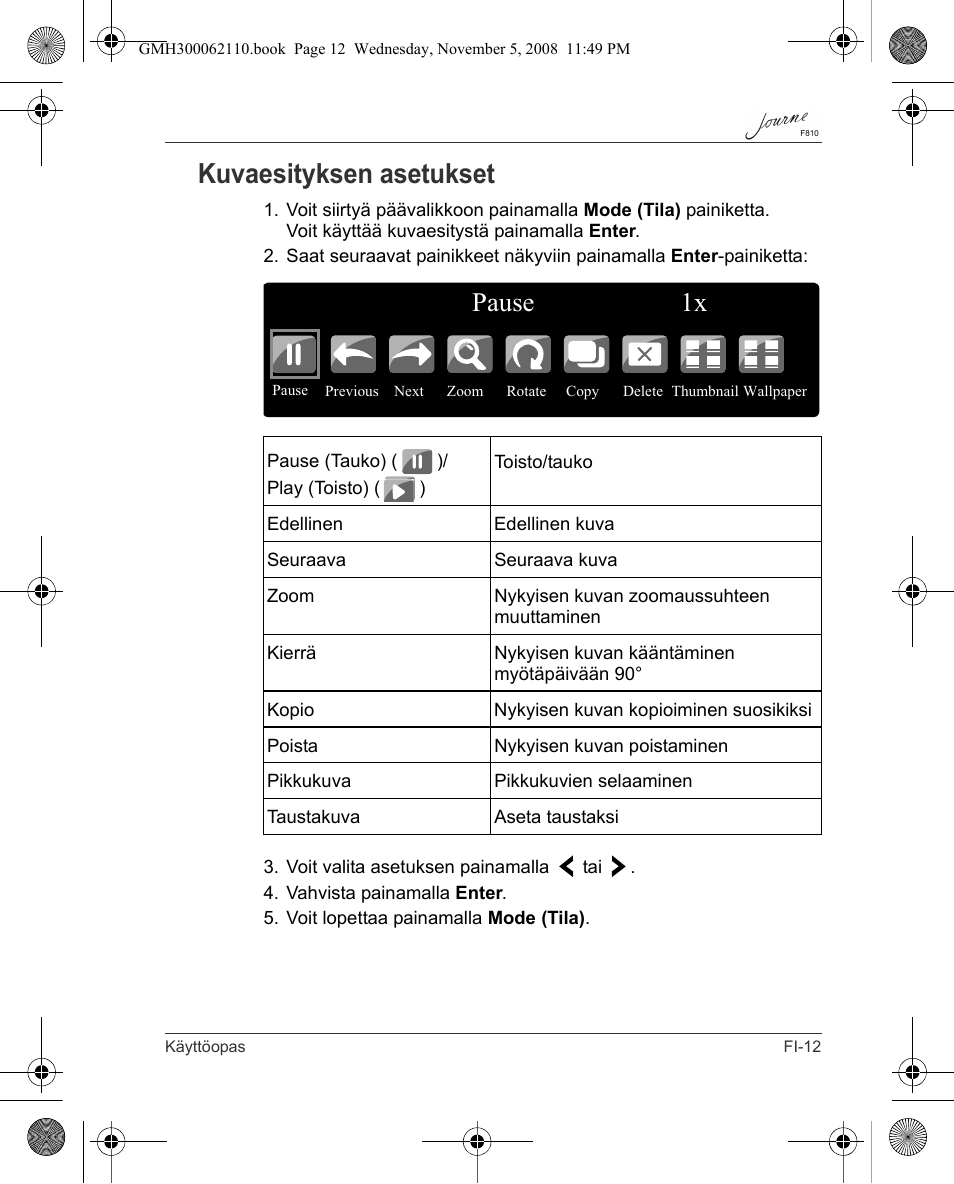 Kuvaesityksen asetukset, Pause 1x | Toshiba JournE F810 User Manual | Page 125 / 308