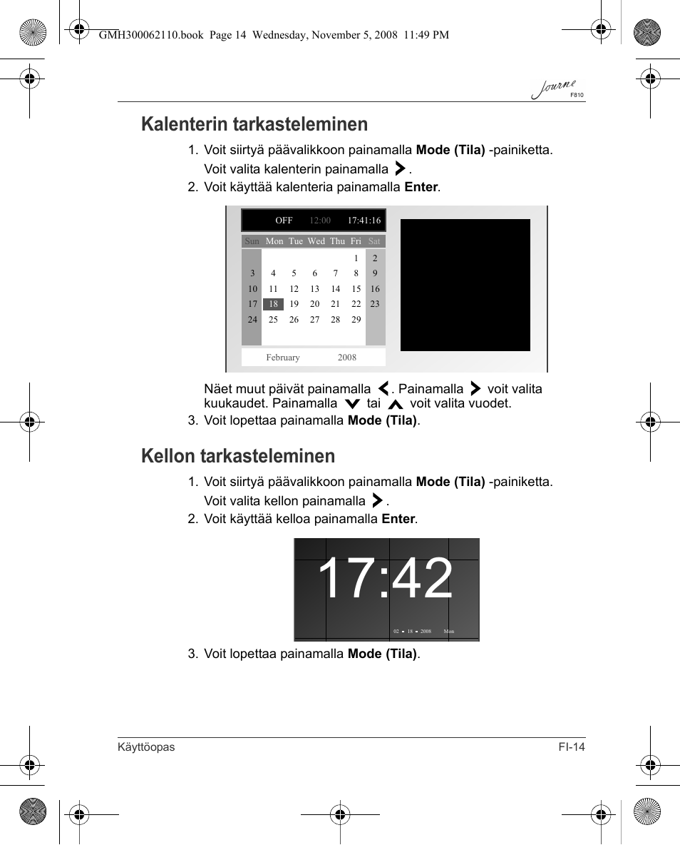 Kalenterin tarkasteleminen, Kellon tarkasteleminen | Toshiba JournE F810 User Manual | Page 127 / 308