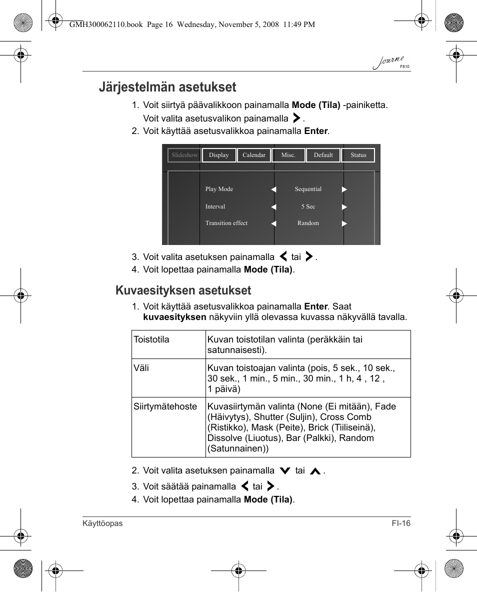 Järjestelmän asetukset, Kuvaesityksen asetukset | Toshiba JournE F810 User Manual | Page 129 / 308