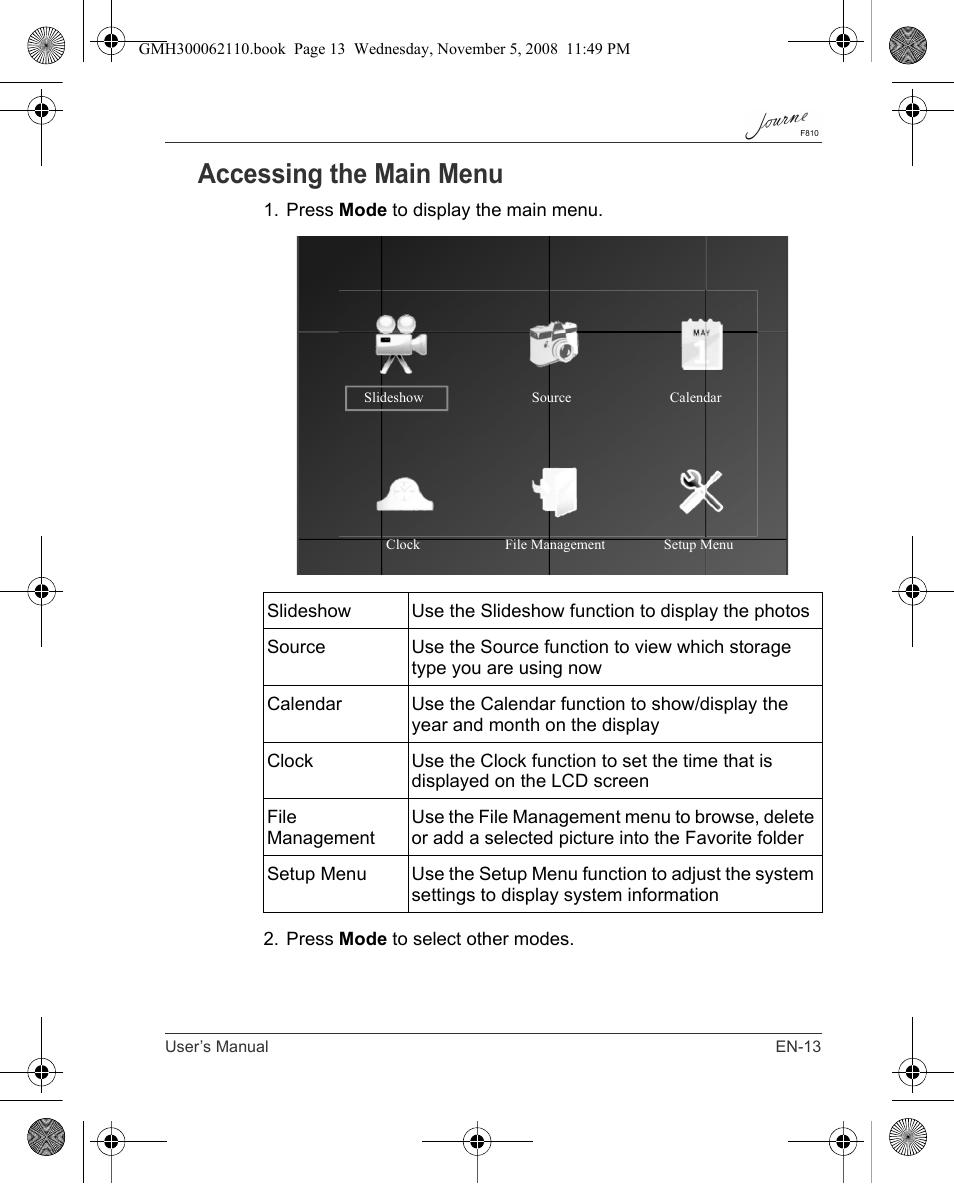 Accessing the main menu | Toshiba JournE F810 User Manual | Page 13 / 308