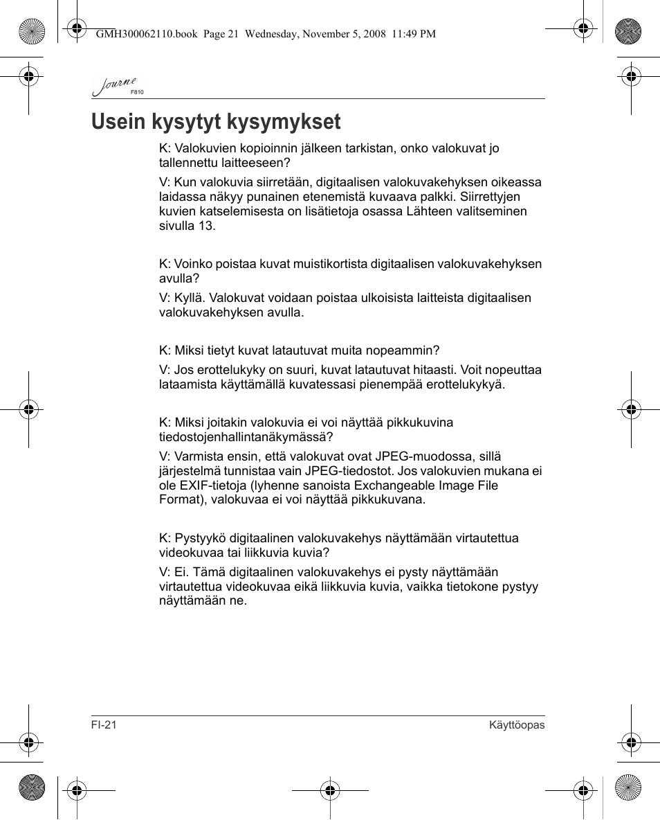 Usein kysytyt kysymykset | Toshiba JournE F810 User Manual | Page 134 / 308