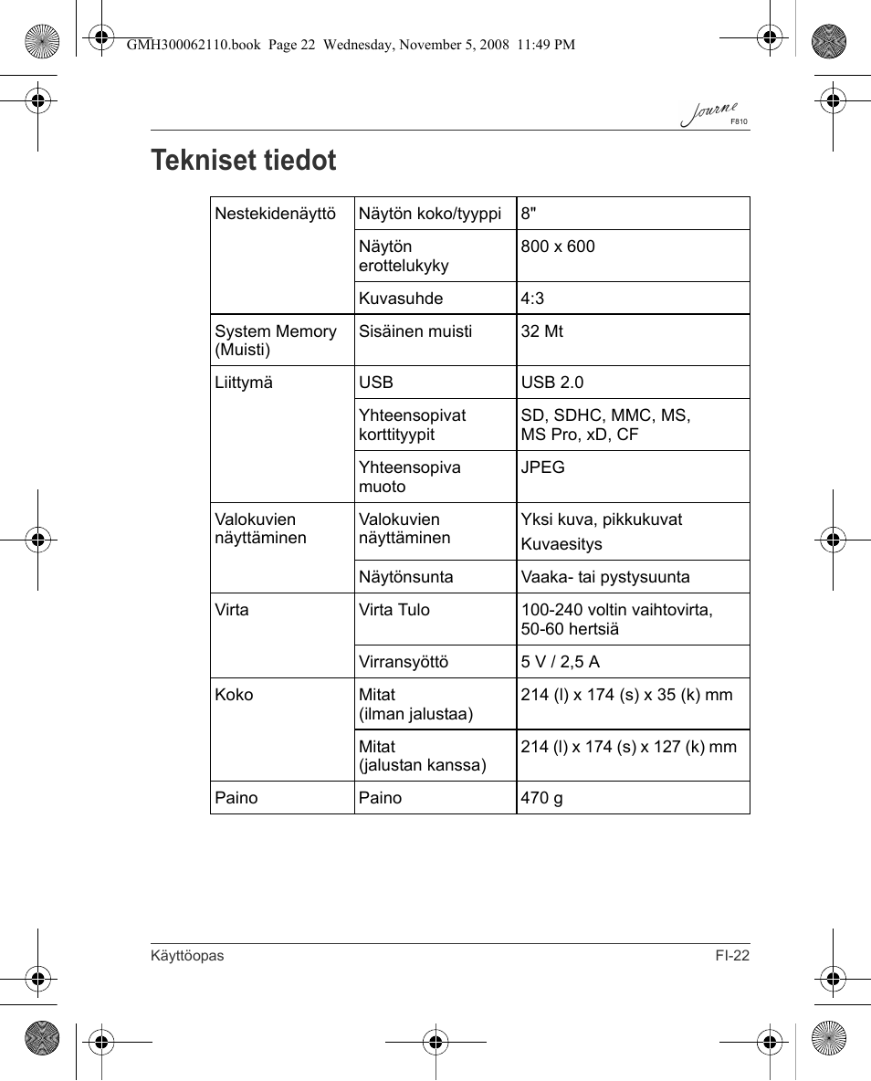 Tekniset tiedot | Toshiba JournE F810 User Manual | Page 135 / 308