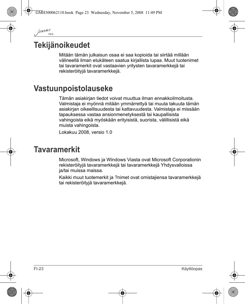 Tekijänoikeudet, Vastuunpoistolauseke, Tavaramerkit | Toshiba JournE F810 User Manual | Page 136 / 308