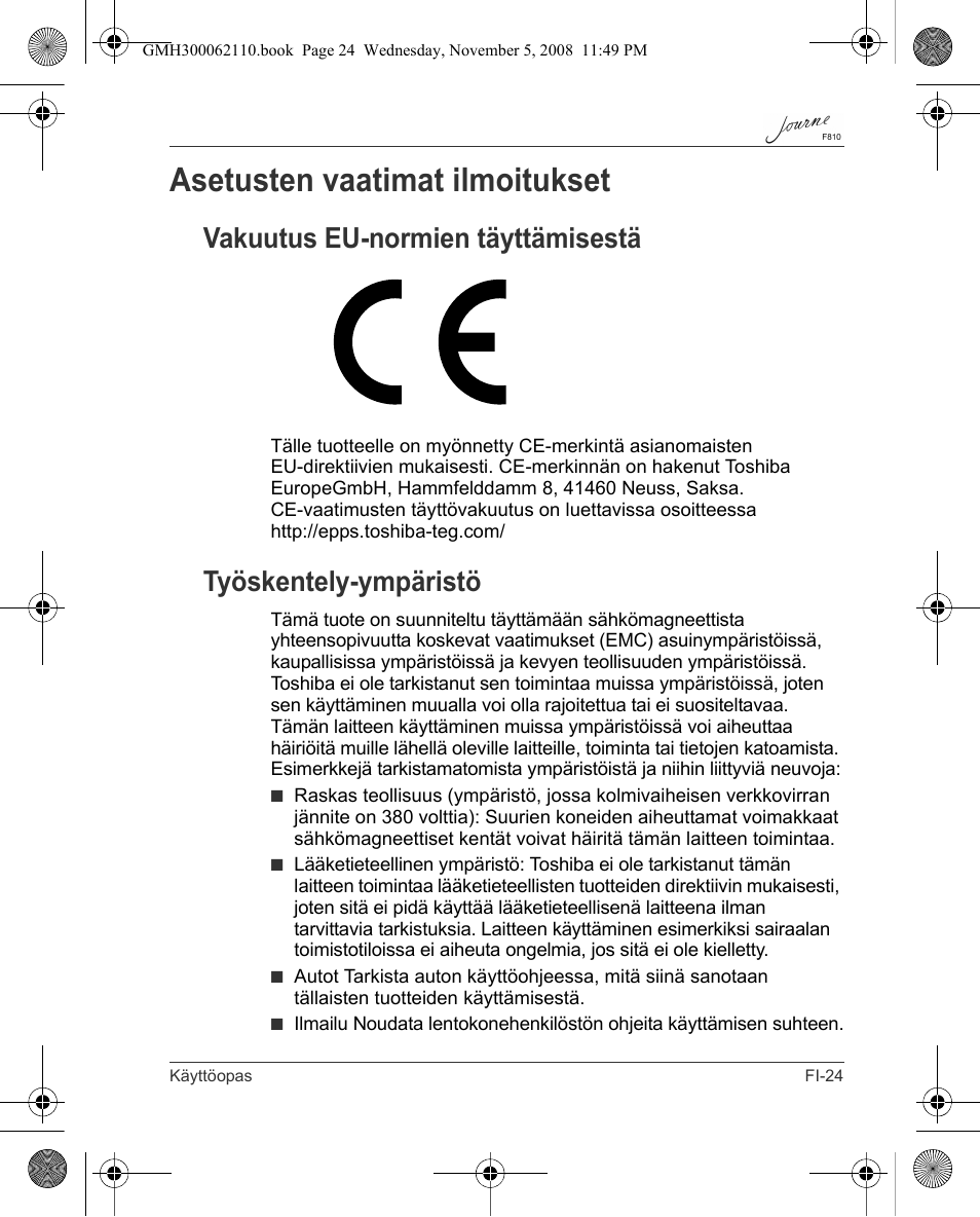 Asetusten vaatimat ilmoitukset, Vakuutus eu-normien täyttämisestä, Työskentely-ympäristö | Toshiba JournE F810 User Manual | Page 137 / 308