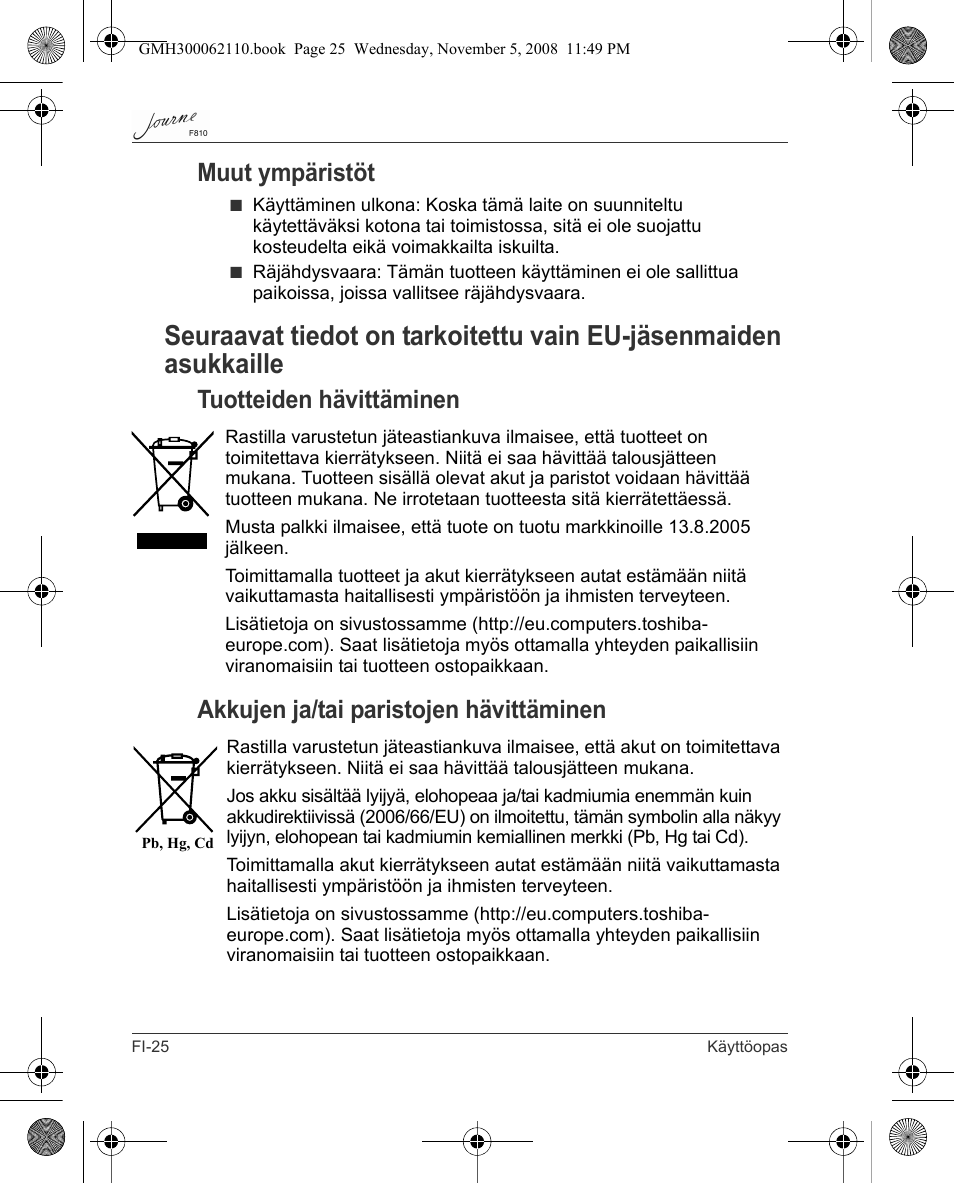 Muut ympäristöt | Toshiba JournE F810 User Manual | Page 138 / 308