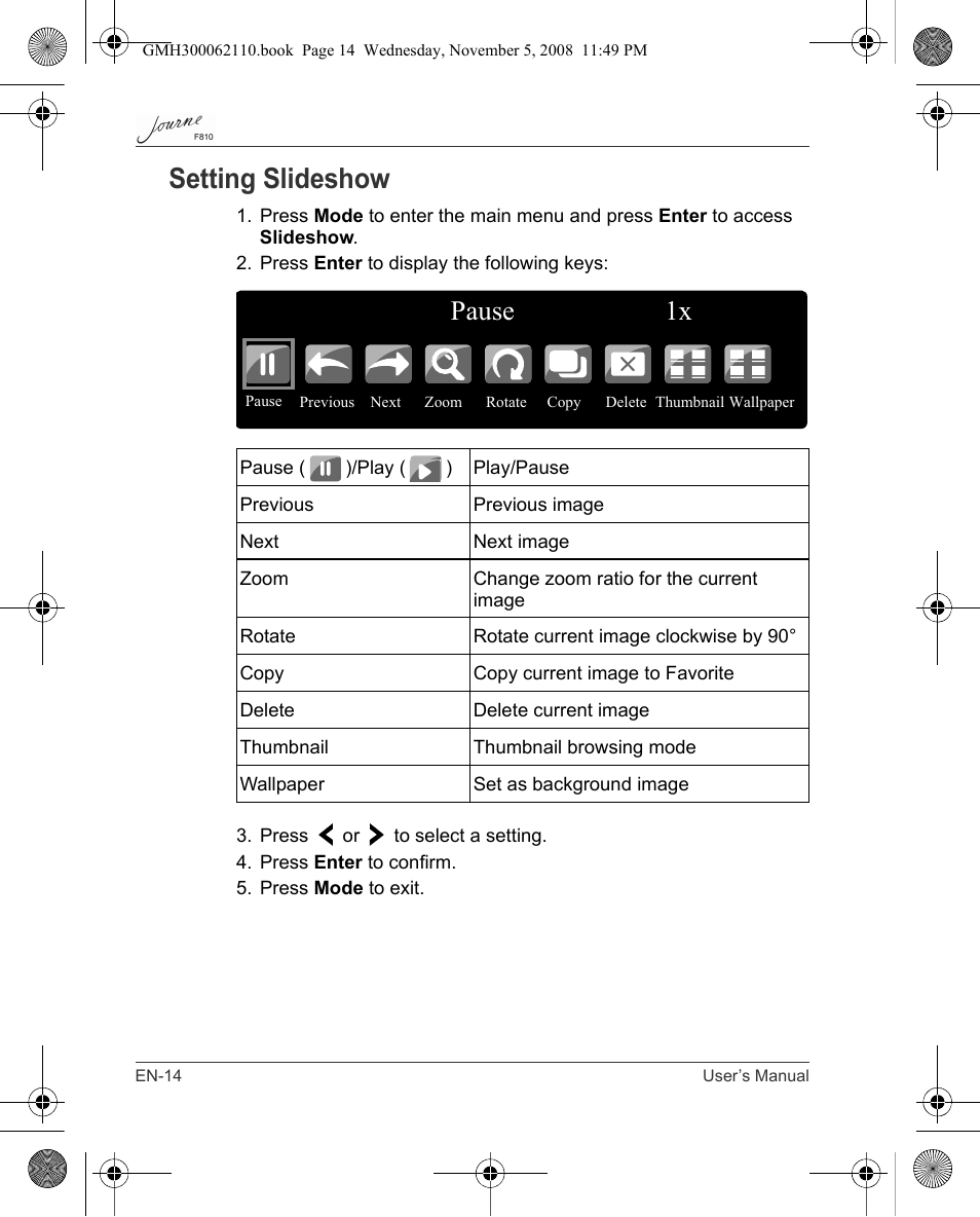 Setting slideshow, Pause 1x | Toshiba JournE F810 User Manual | Page 14 / 308
