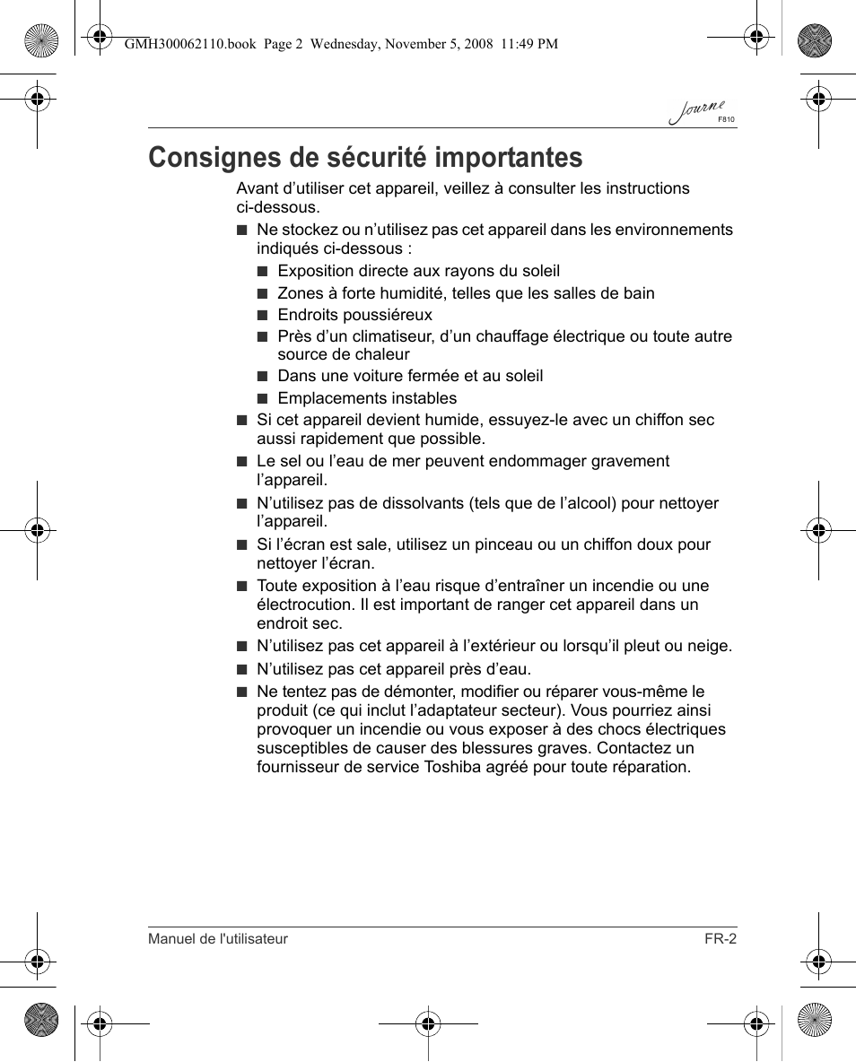 Consignes de sécurité importantes | Toshiba JournE F810 User Manual | Page 141 / 308