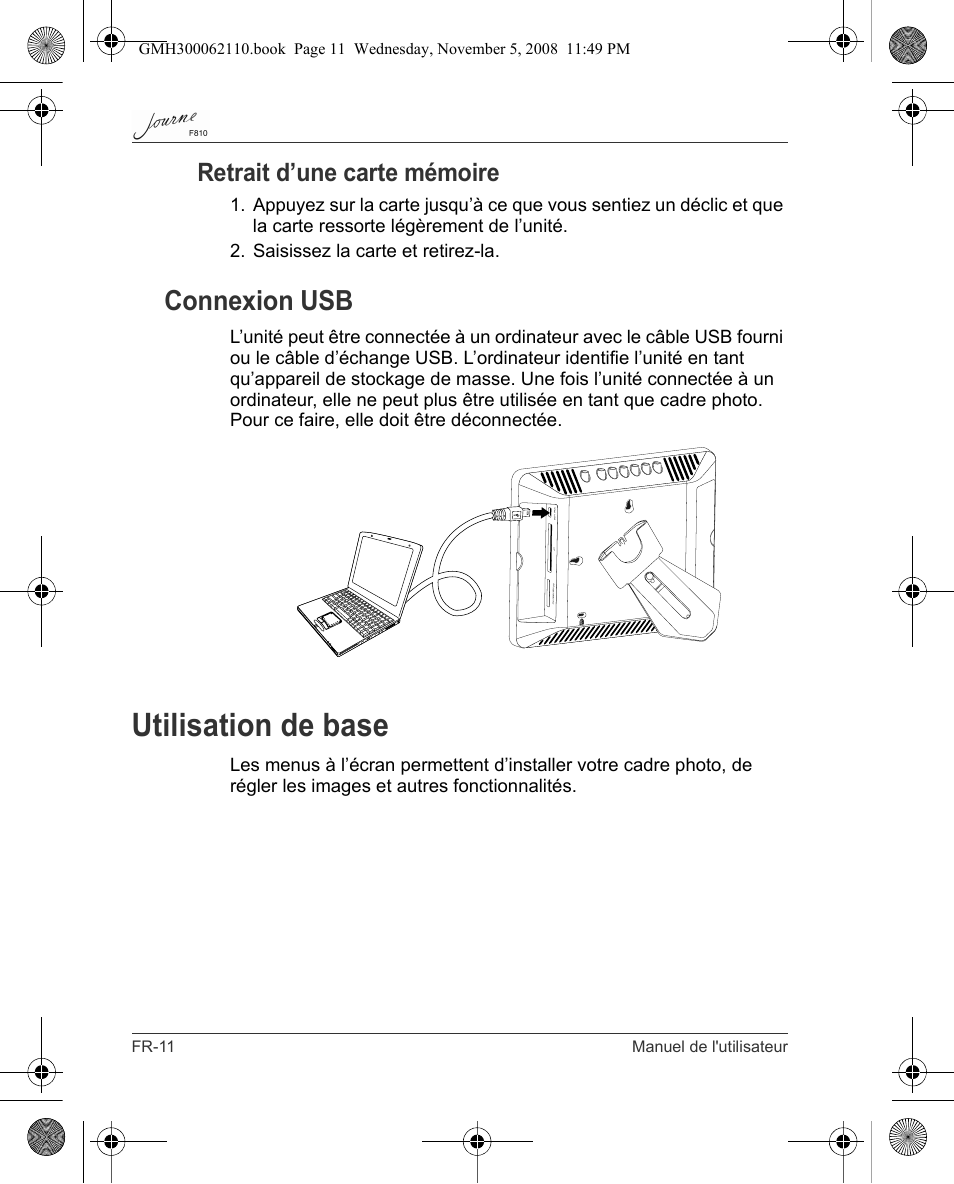 Utilisation de base, Connexion usb, Retrait d’une carte mémoire | Toshiba JournE F810 User Manual | Page 150 / 308