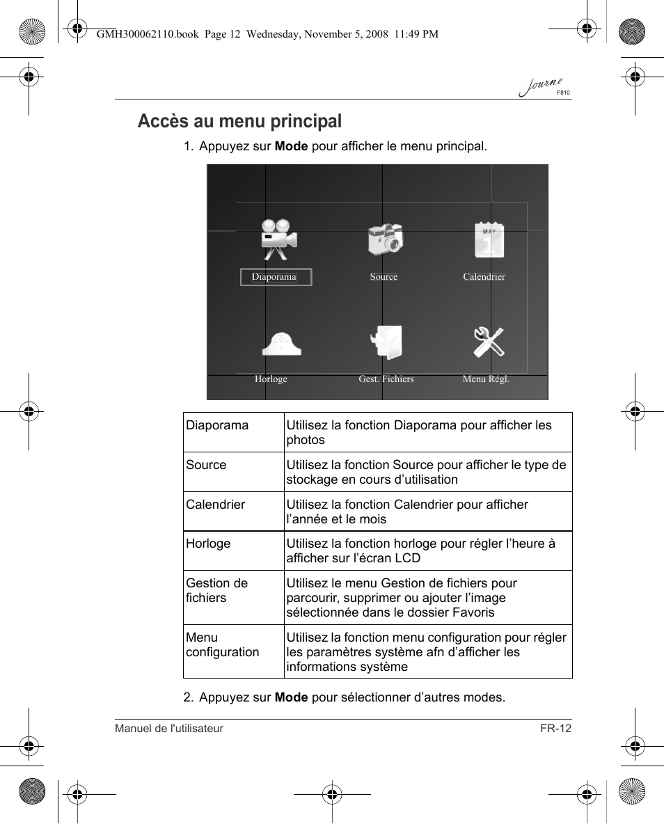 Accès au menu principal | Toshiba JournE F810 User Manual | Page 151 / 308