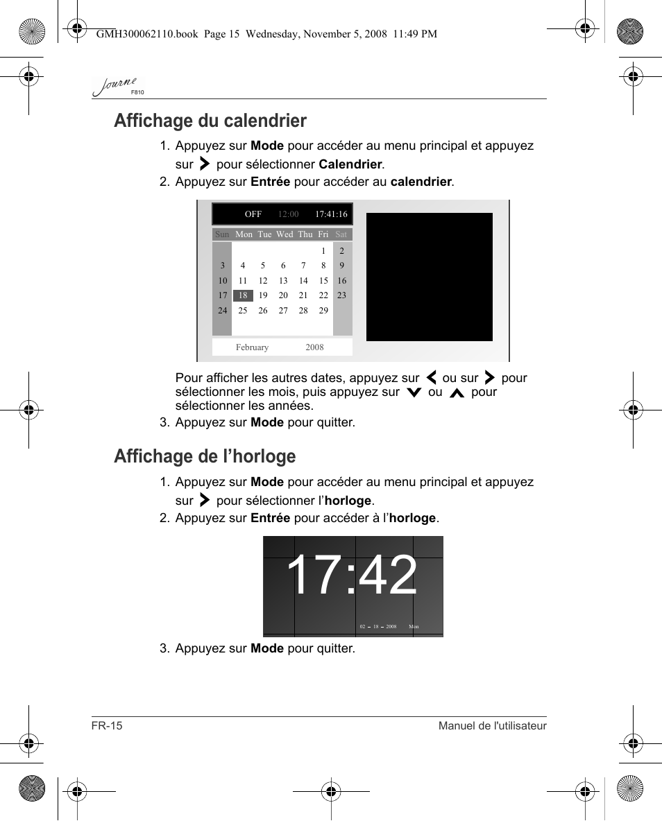 Affichage du calendrier, Affichage de l’horloge | Toshiba JournE F810 User Manual | Page 154 / 308