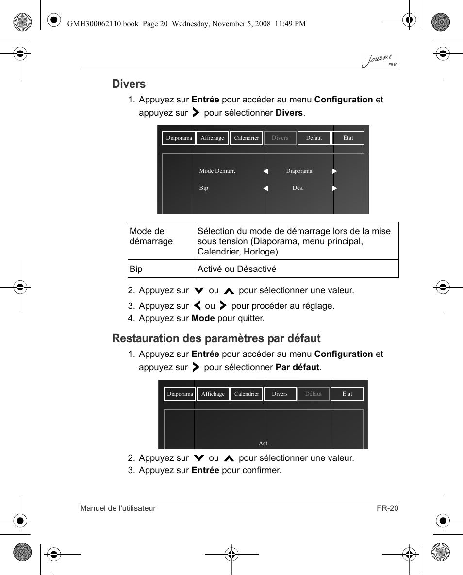 Divers, Restauration des paramètres par défaut | Toshiba JournE F810 User Manual | Page 159 / 308