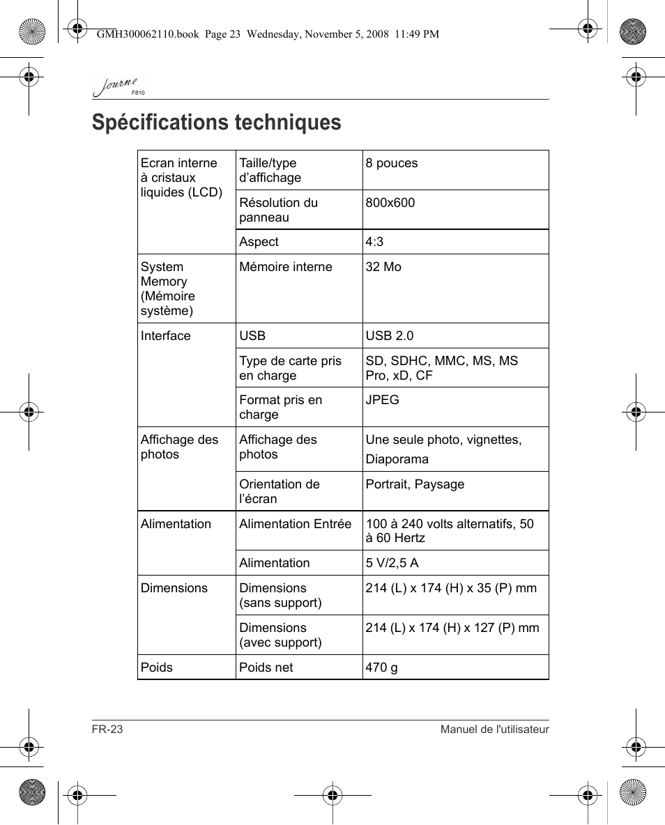 Spécifications techniques | Toshiba JournE F810 User Manual | Page 162 / 308