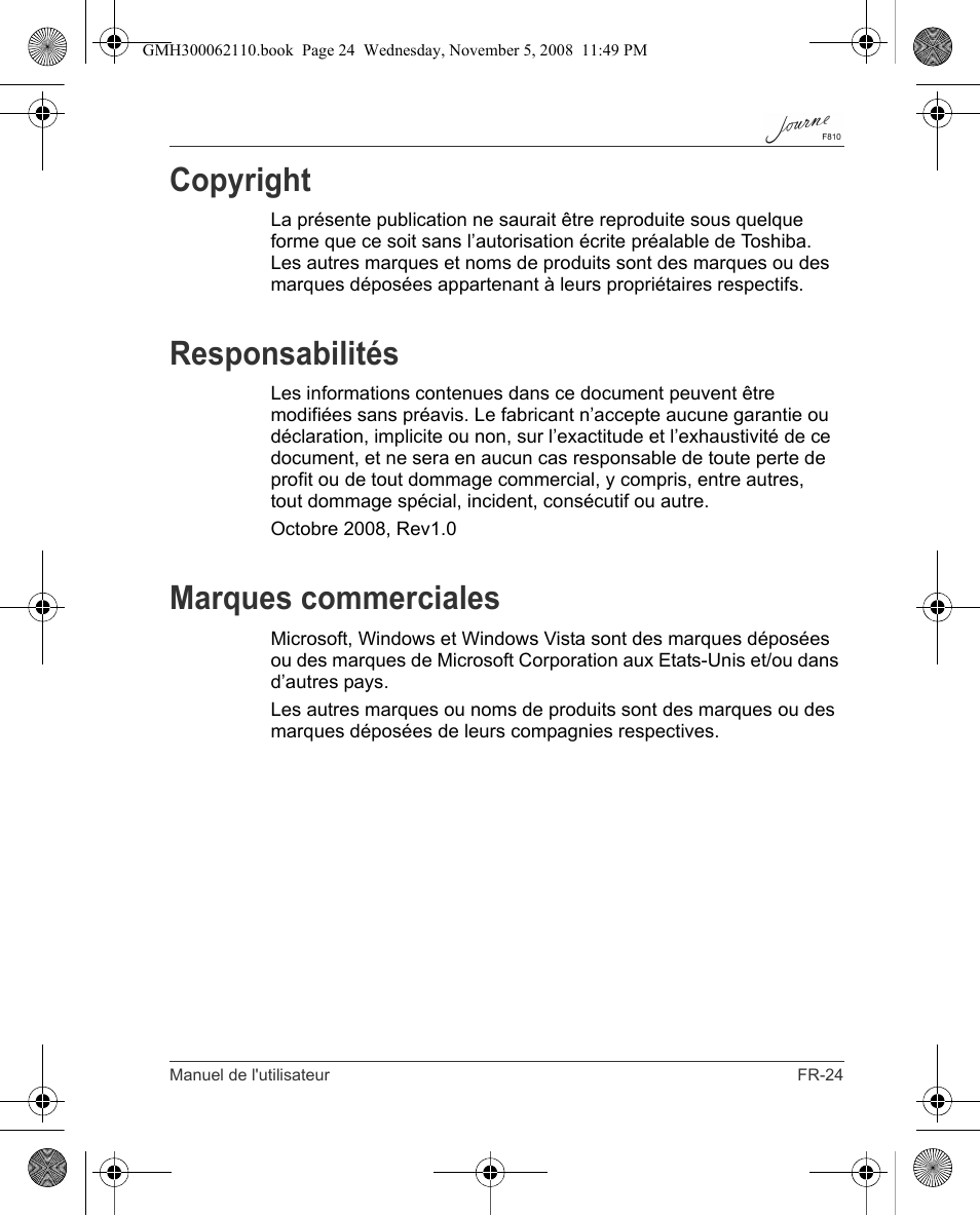 Copyright, Responsabilités, Marques commerciales | Toshiba JournE F810 User Manual | Page 163 / 308