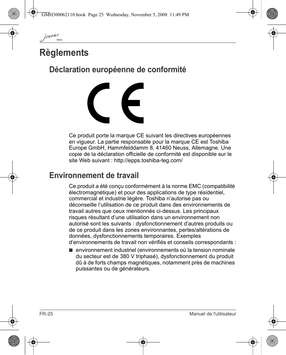 Règlements, Déclaration européenne de conformité, Environnement de travail | Toshiba JournE F810 User Manual | Page 164 / 308