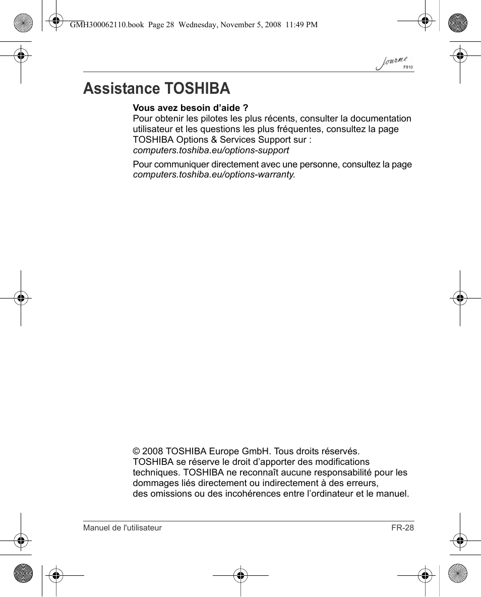 Assistance toshiba | Toshiba JournE F810 User Manual | Page 167 / 308