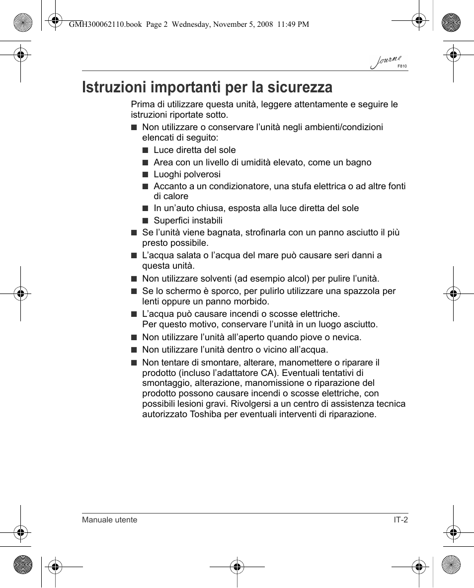 Istruzioni importanti per la sicurezza | Toshiba JournE F810 User Manual | Page 169 / 308