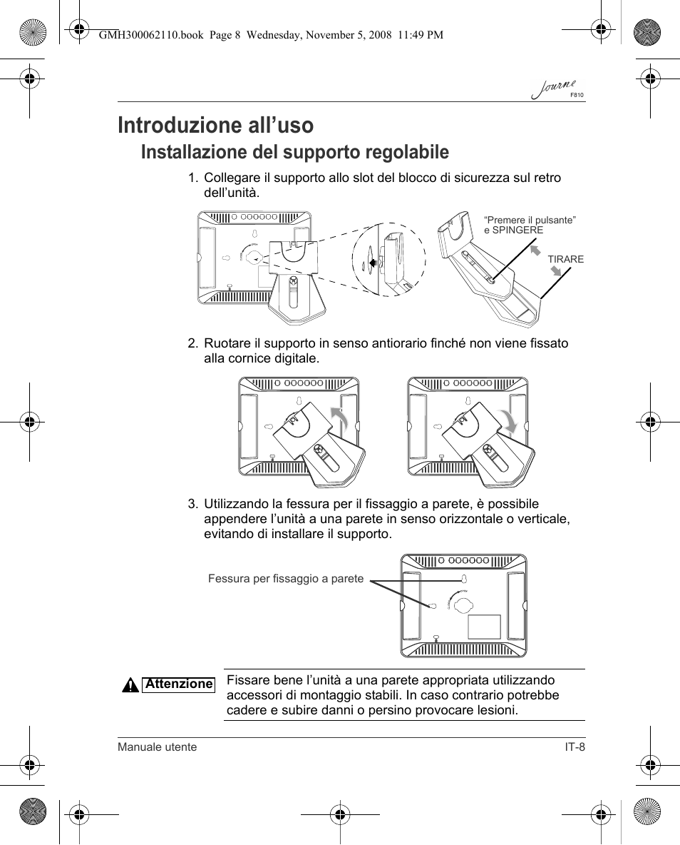 Introduzione all’uso, Installazione del supporto regolabile | Toshiba JournE F810 User Manual | Page 175 / 308