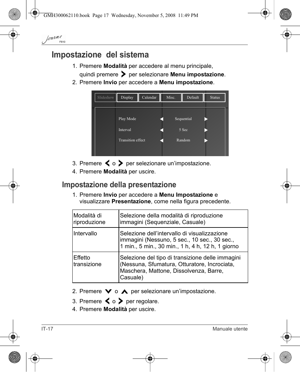 Impostazione del sistema, Impostazione della presentazione | Toshiba JournE F810 User Manual | Page 184 / 308