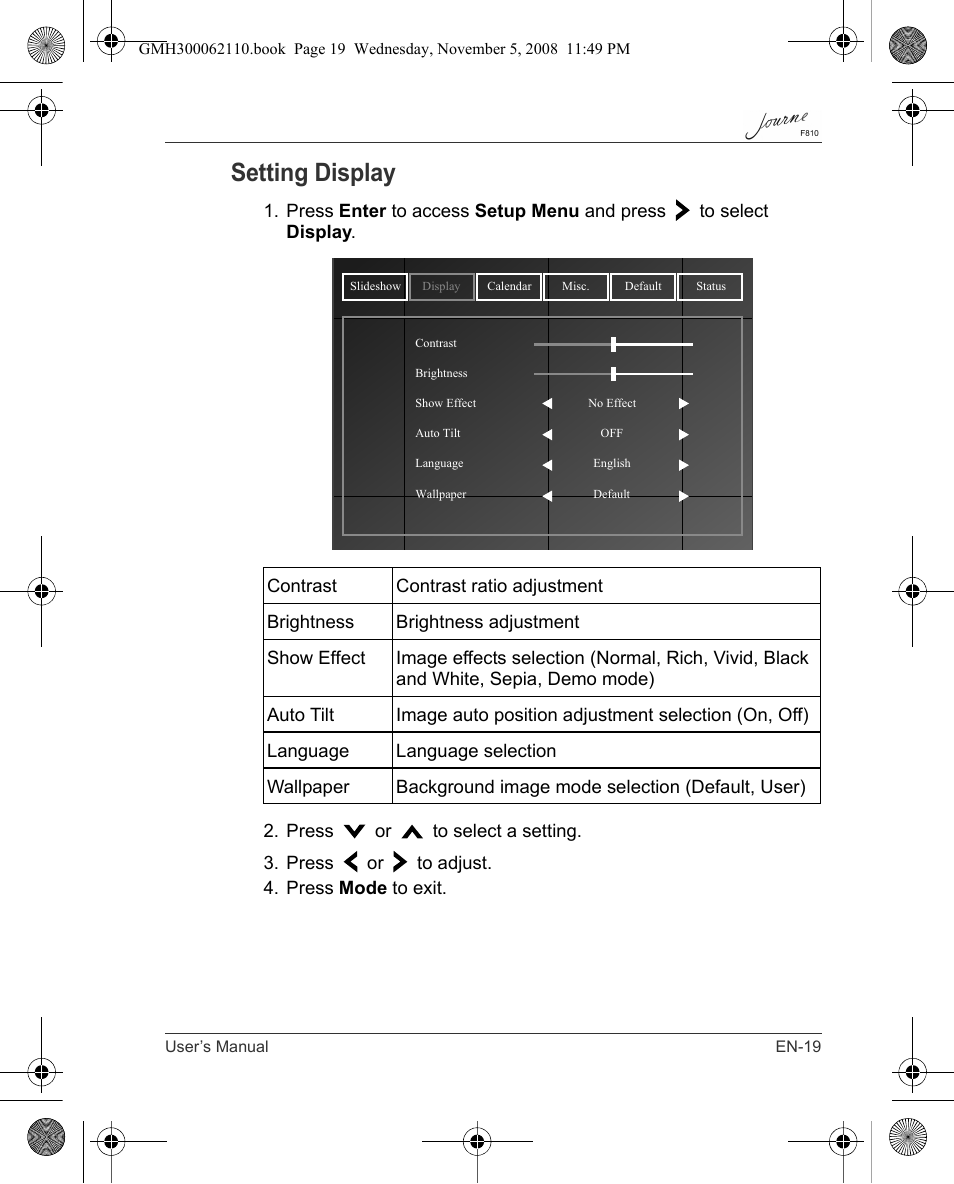 Setting display | Toshiba JournE F810 User Manual | Page 19 / 308