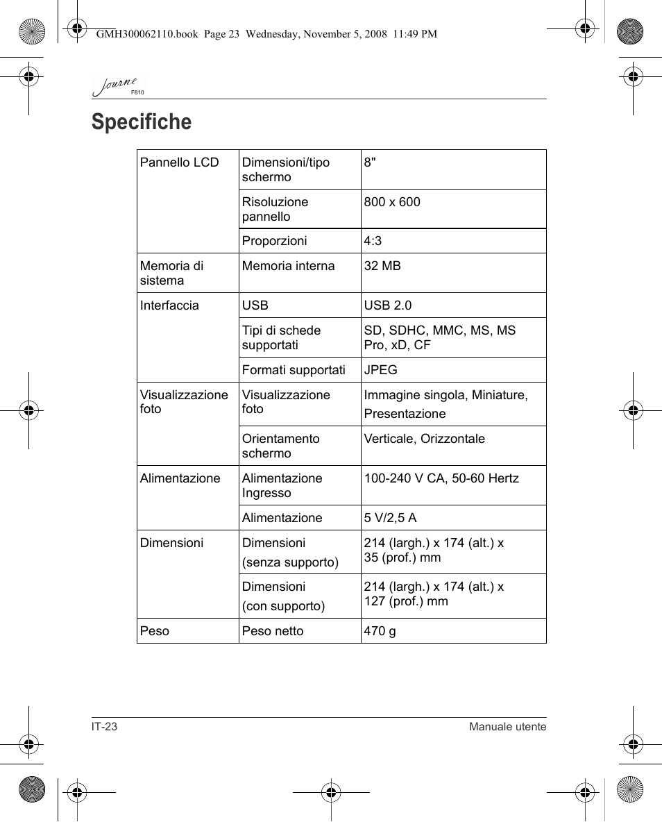 Specifiche | Toshiba JournE F810 User Manual | Page 190 / 308