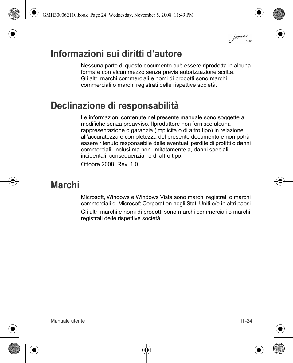 Informazioni sui diritti d’autore, Declinazione di responsabilità, Marchi | Toshiba JournE F810 User Manual | Page 191 / 308