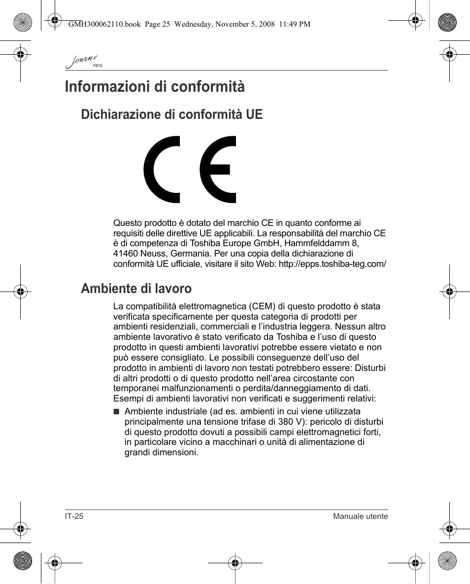 Informazioni di conformità, Dichiarazione di conformità ue, Ambiente di lavoro | Toshiba JournE F810 User Manual | Page 192 / 308