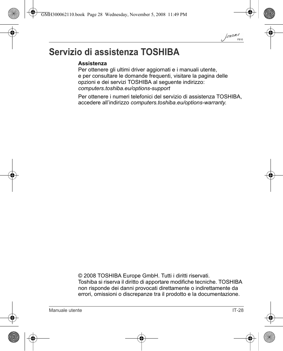 Servizio di assistenza toshiba | Toshiba JournE F810 User Manual | Page 195 / 308