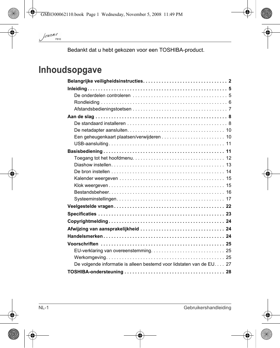 Inhoudsopgave | Toshiba JournE F810 User Manual | Page 196 / 308