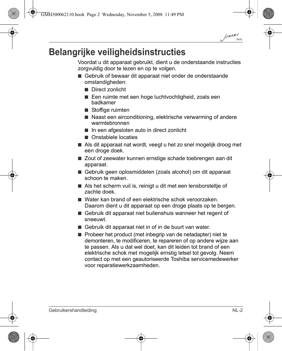 Belangrijke veiligheidsinstructies | Toshiba JournE F810 User Manual | Page 197 / 308