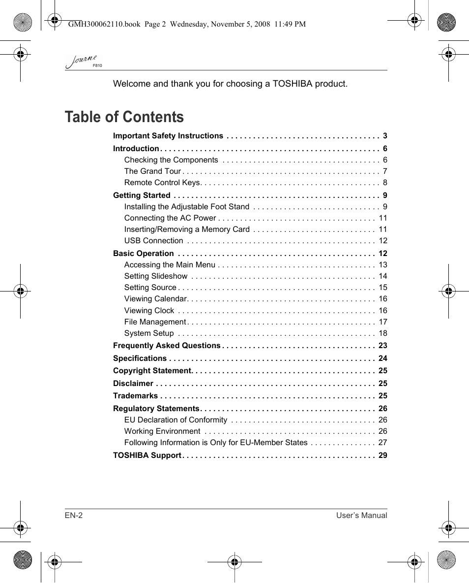 Toshiba JournE F810 User Manual | Page 2 / 308