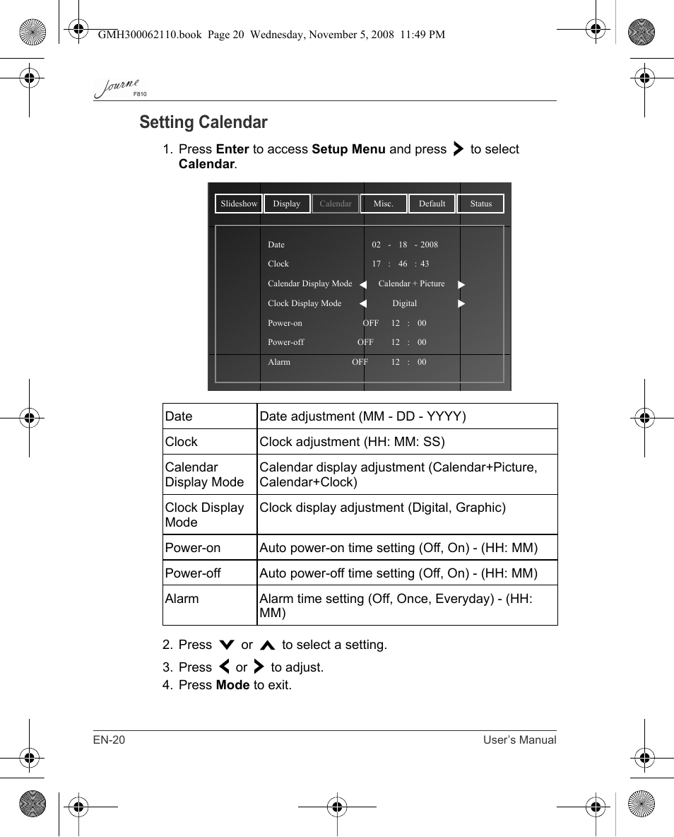 Setting calendar | Toshiba JournE F810 User Manual | Page 20 / 308