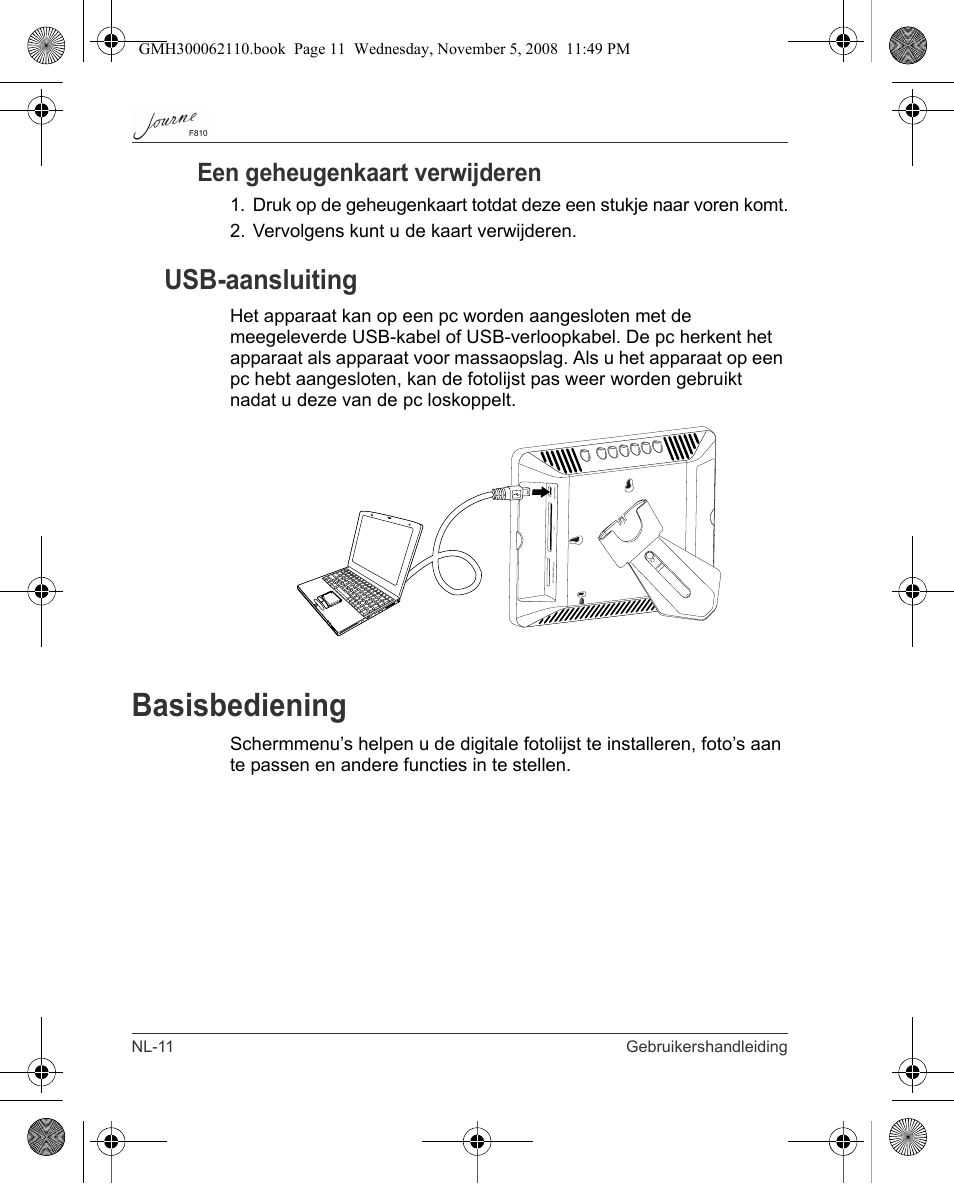Basisbediening, Usb-aansluiting, Een geheugenkaart verwijderen | Toshiba JournE F810 User Manual | Page 206 / 308