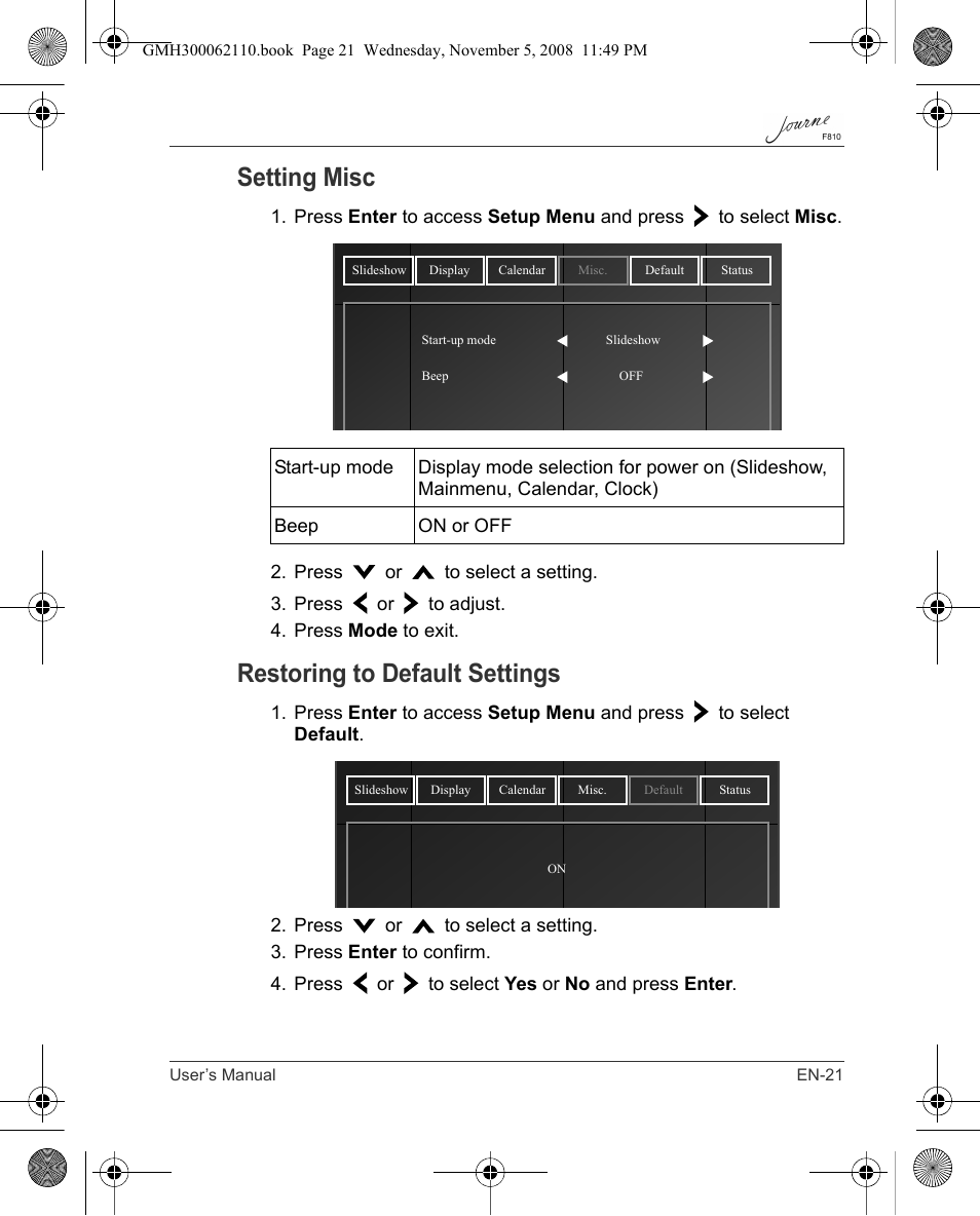Setting misc, Restoring to default settings | Toshiba JournE F810 User Manual | Page 21 / 308