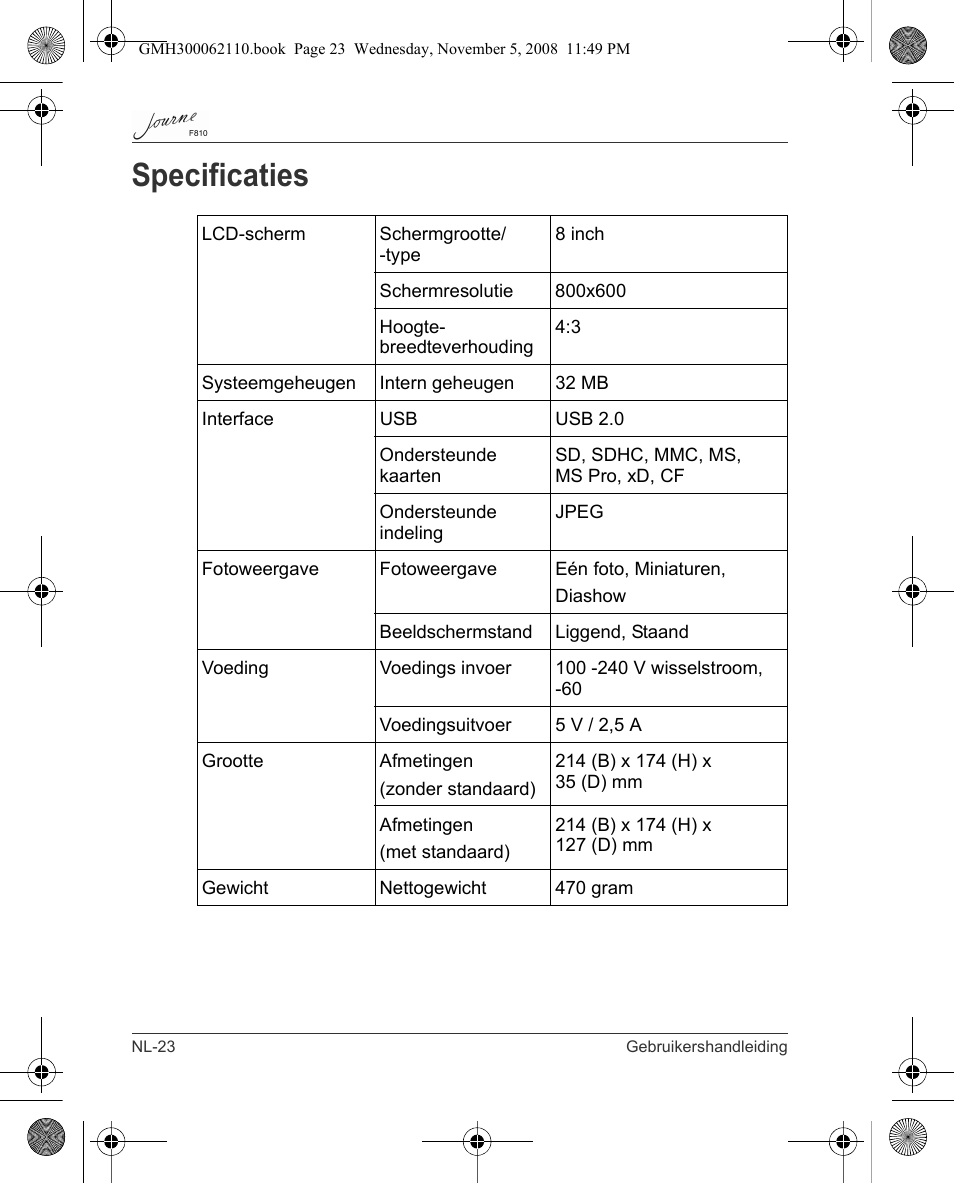 Specificaties | Toshiba JournE F810 User Manual | Page 218 / 308