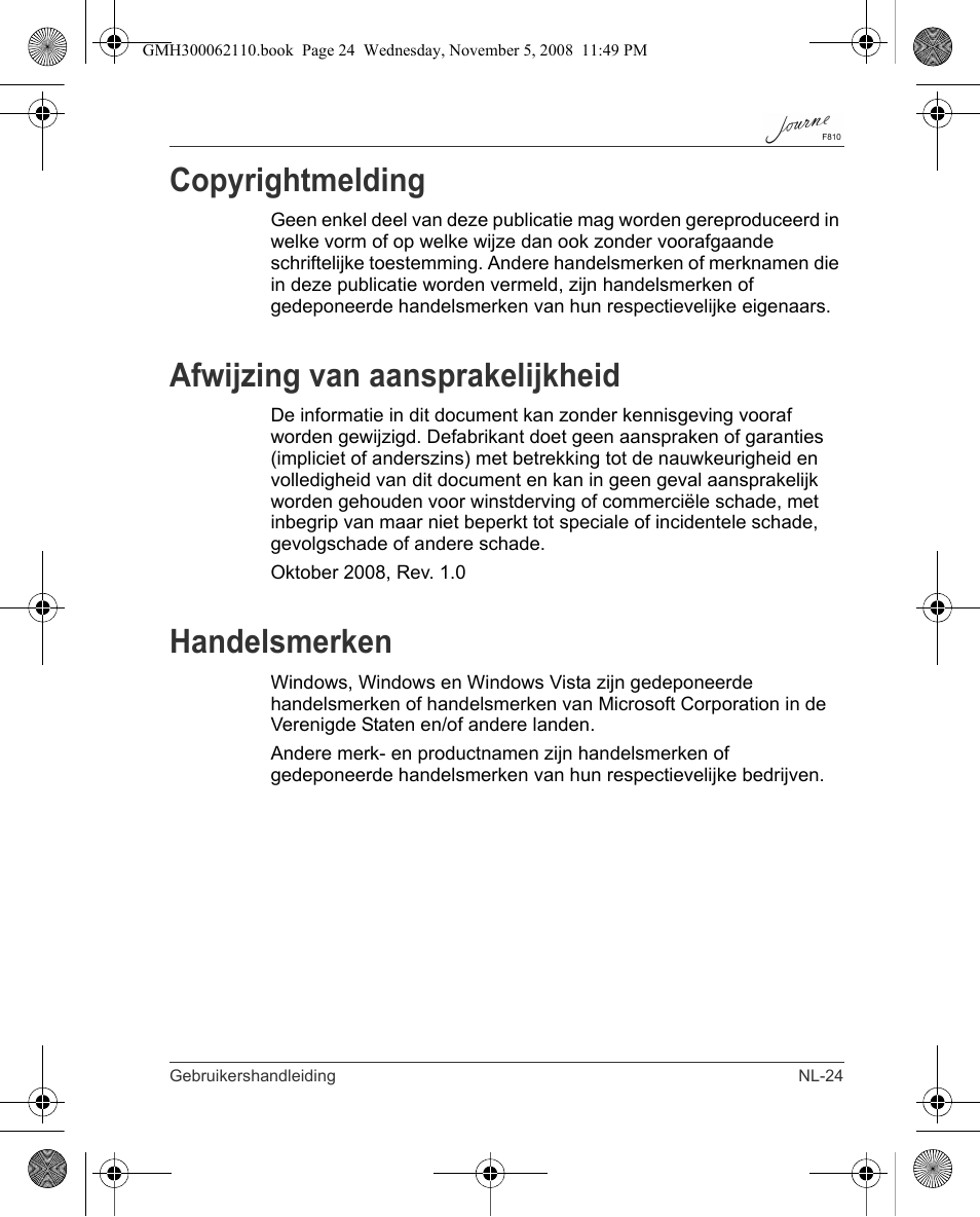 Copyrightmelding, Afwijzing van aansprakelijkheid, Handelsmerken | Toshiba JournE F810 User Manual | Page 219 / 308