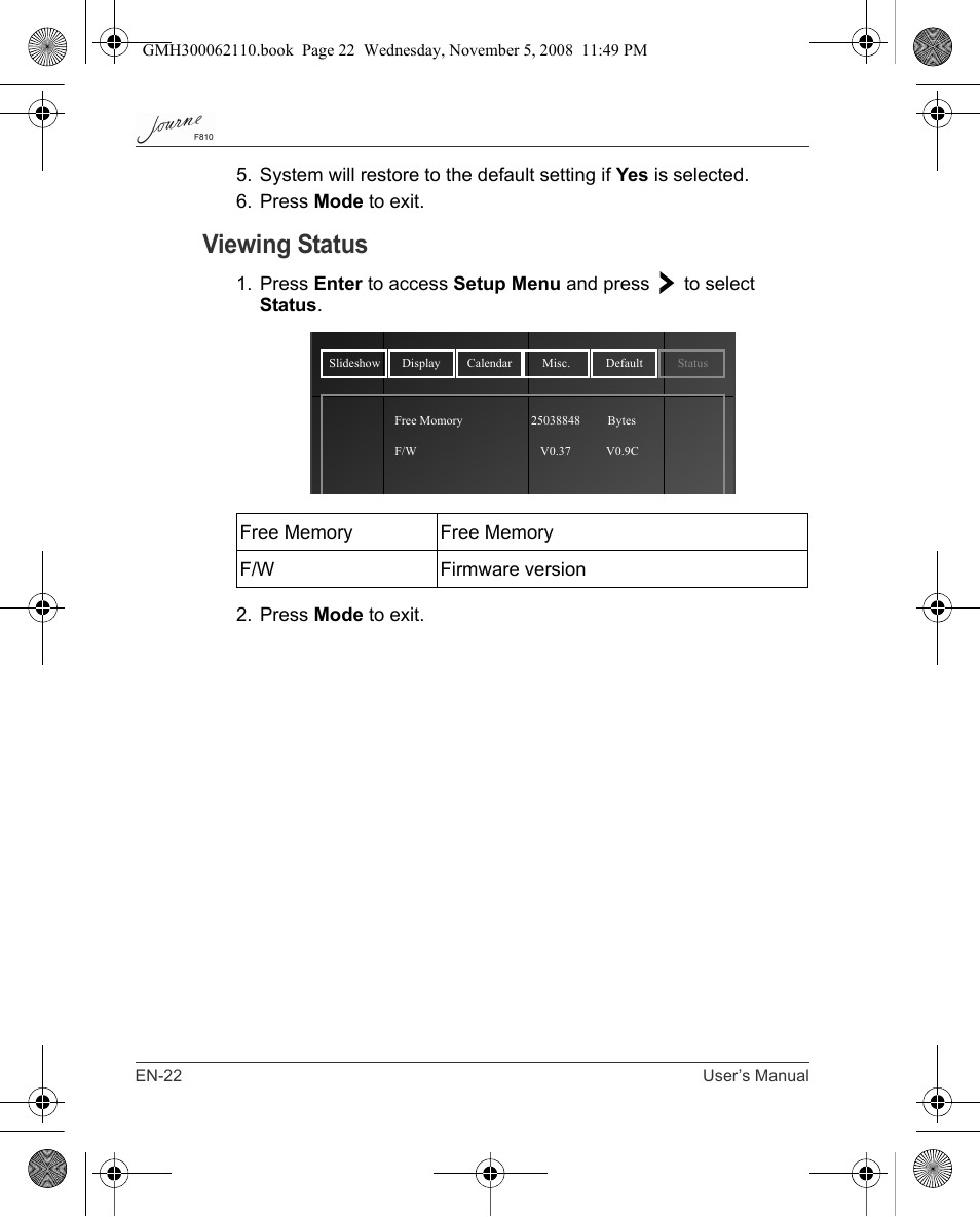 Viewing status | Toshiba JournE F810 User Manual | Page 22 / 308